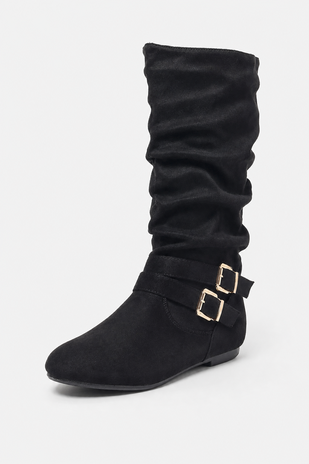 Bottes sans Talon en Effet Daim Noir Plissée à Boucles Dorées – Image 5