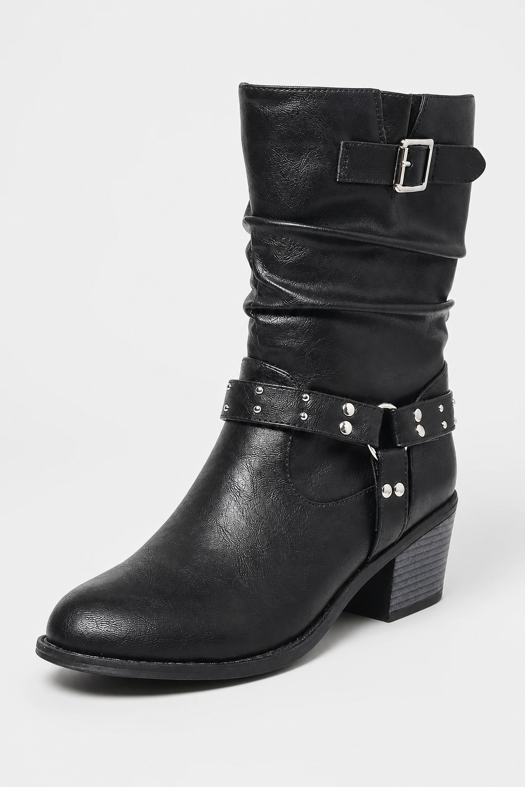 Bottes Noires Plissées à Brides Cloutées et Talon Bloc – Image 5