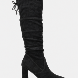Bottes Cuissardes Noires en Effet Daim Plissées à Talon Bloc