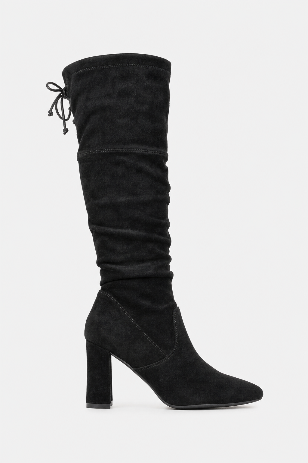 Bottes Cuissardes Noires en Effet Daim Plissées à Talon Bloc