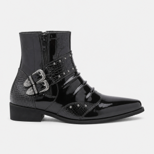 Bottines Homme Noires Vernies à Bout Pointu Croco et Boucle