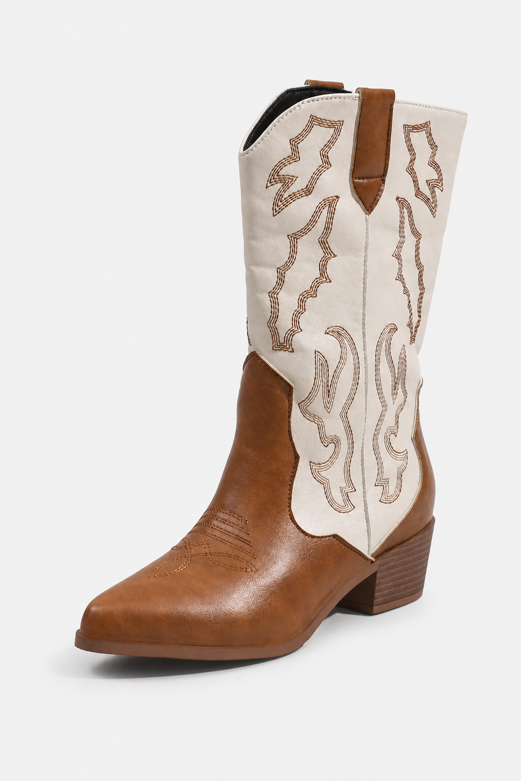 Bottes Santiags en Similicuir Crème et Cognac à Broderies – Image 5