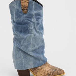 Bottes Santiags Plissées en Jean Délavé et Serpent