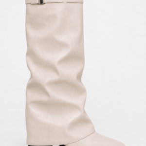 Bottes Mi-Mollet Tombantes en Similicuir Crème