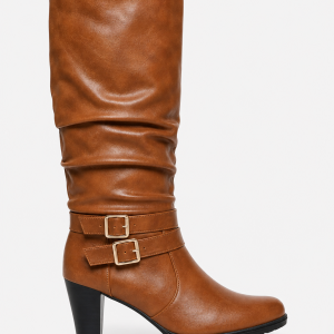 Bottes Mi-Mollet Marron Plissées avec Boucles