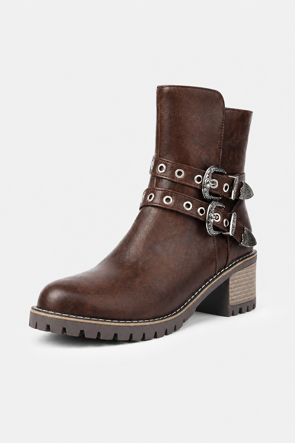 Bottines Biker en Similicuir Marron à Boucles Ornées – Image 5