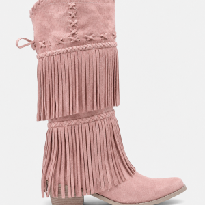 Bottes Santiags en Similicuir Rose Poudré à Franges