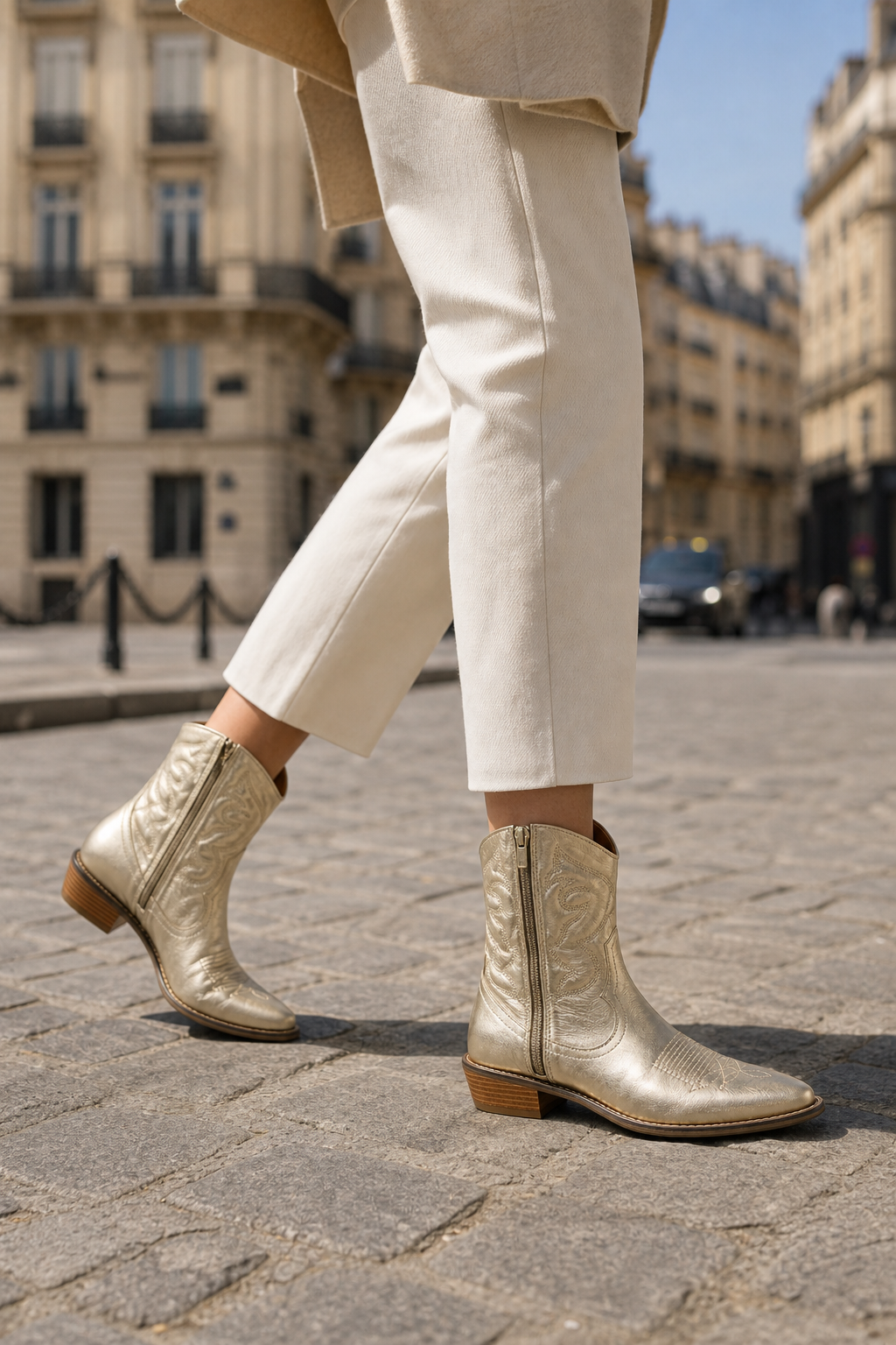 Bottes Santiags Dorées Métallisées à Broderies – Image 3