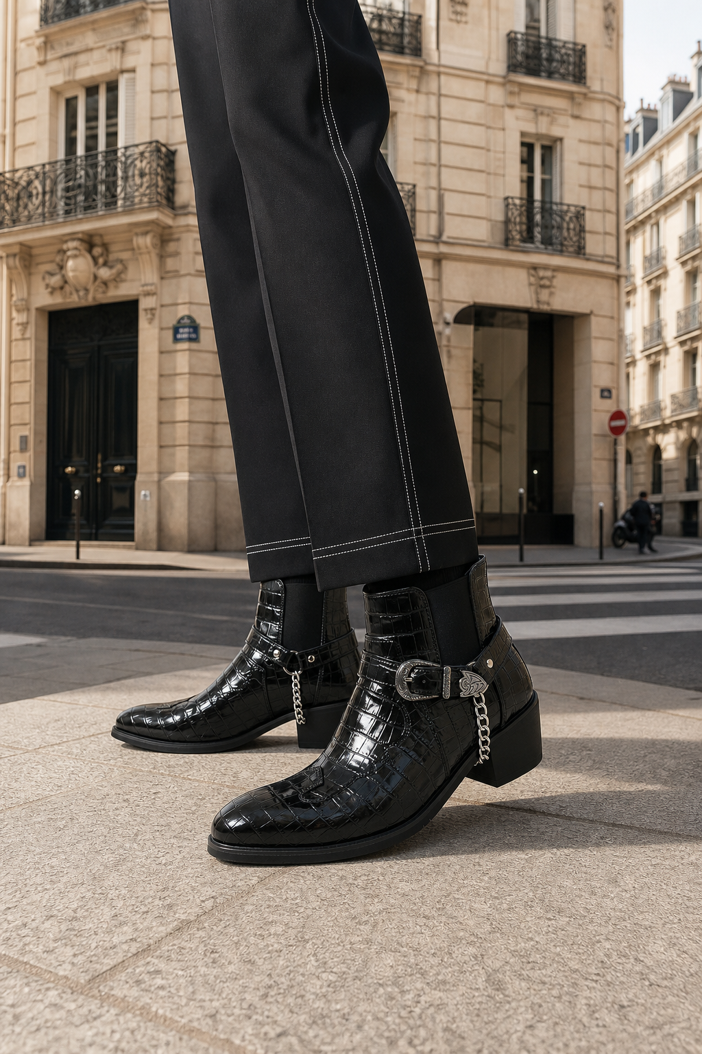 Bottines Noires Effet Croco Verni à Boucle Western et Chaîne – Image 3