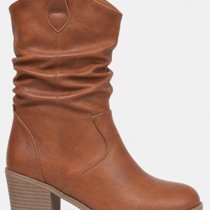 Bottes Santiags Froncées en Similicuir Camel