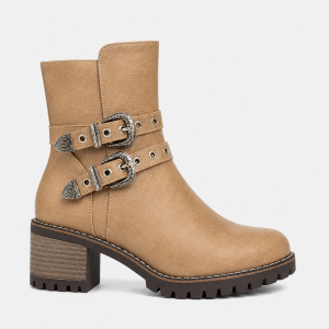 Bottines Biker en Similicuir Beige à Boucles Ornées