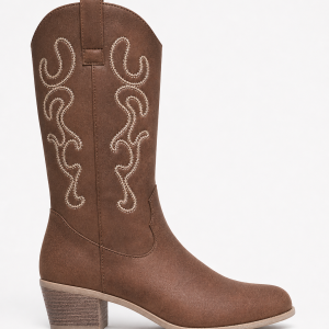 Bottes Santiags Marron à Broderies Blanches Mi-Mollet