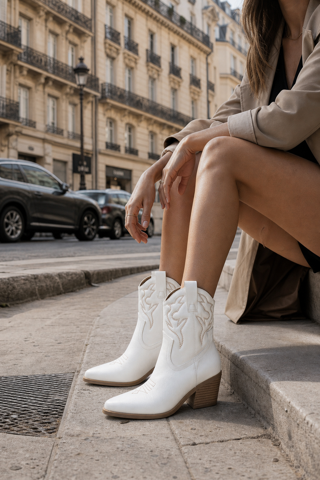 Bottes Santiags Blanches en Similicuir à Motifs Brodés – Image 3