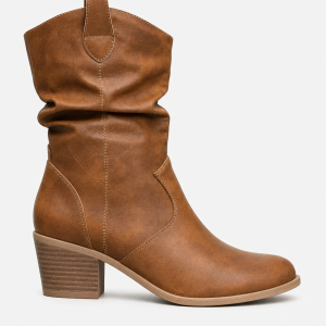 Bottines Style Western en Similicuir Camel Froissé