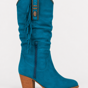 Bottes Froncées en Effet Daim Bleu Canard à Franges