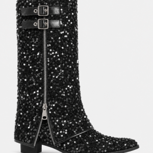 Bottes Santiags Pailletées Noires à Boucles