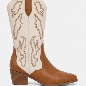 Bottes Santiags en Similicuir Crème et Cognac à Broderies