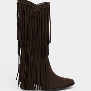 Bottes en Effet Daim Marron Foncé à Franges Mi-Mollet