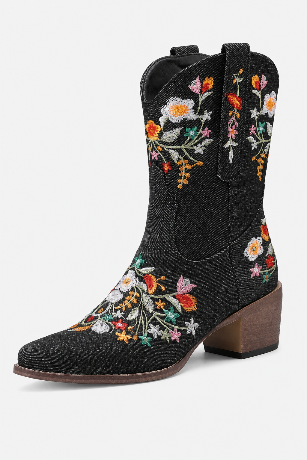 Bottes Santiags Noires à Motifs Floraux Brodés – Image 5