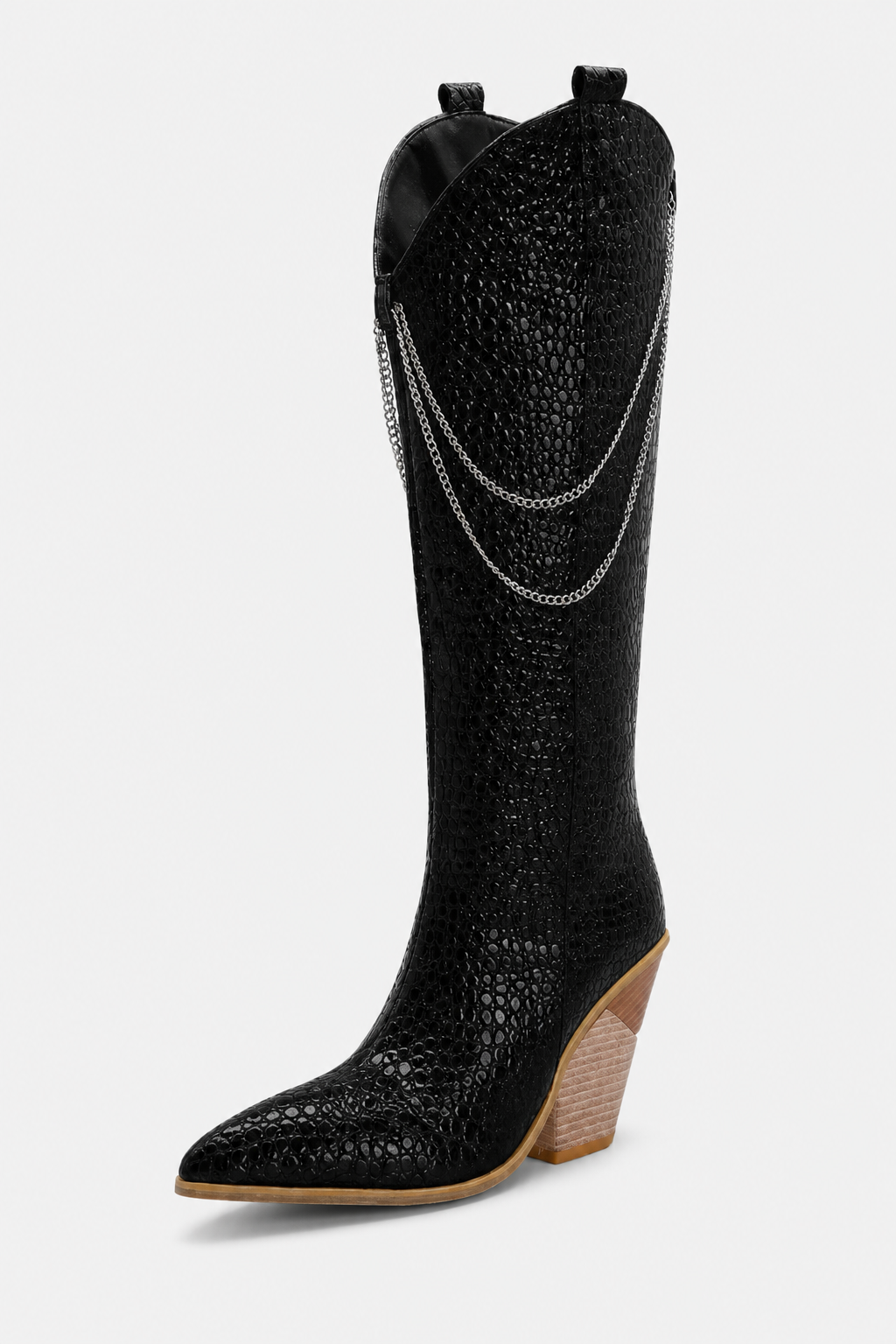 Bottes Santiags Noires Effet Croco avec Chaînes – Image 5