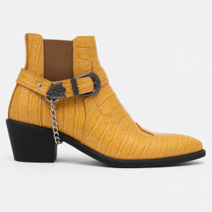 Bottines Santiags Basses Jaune Effet Croco à Chaîne