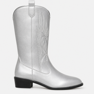 Bottes Mi-Mollet Argentées à Broderies Western
