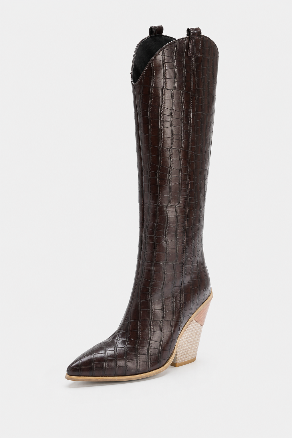Bottes Hautes Façon Croco Marron et Talon Biseauté – Image 5