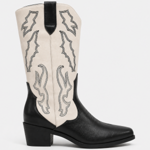 Bottes Santiags Bicolores Écru et Noir à Motifs Brodés