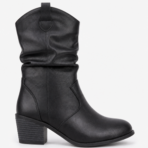 Bottes en Similicuir Noir Froncées à Talon Carré