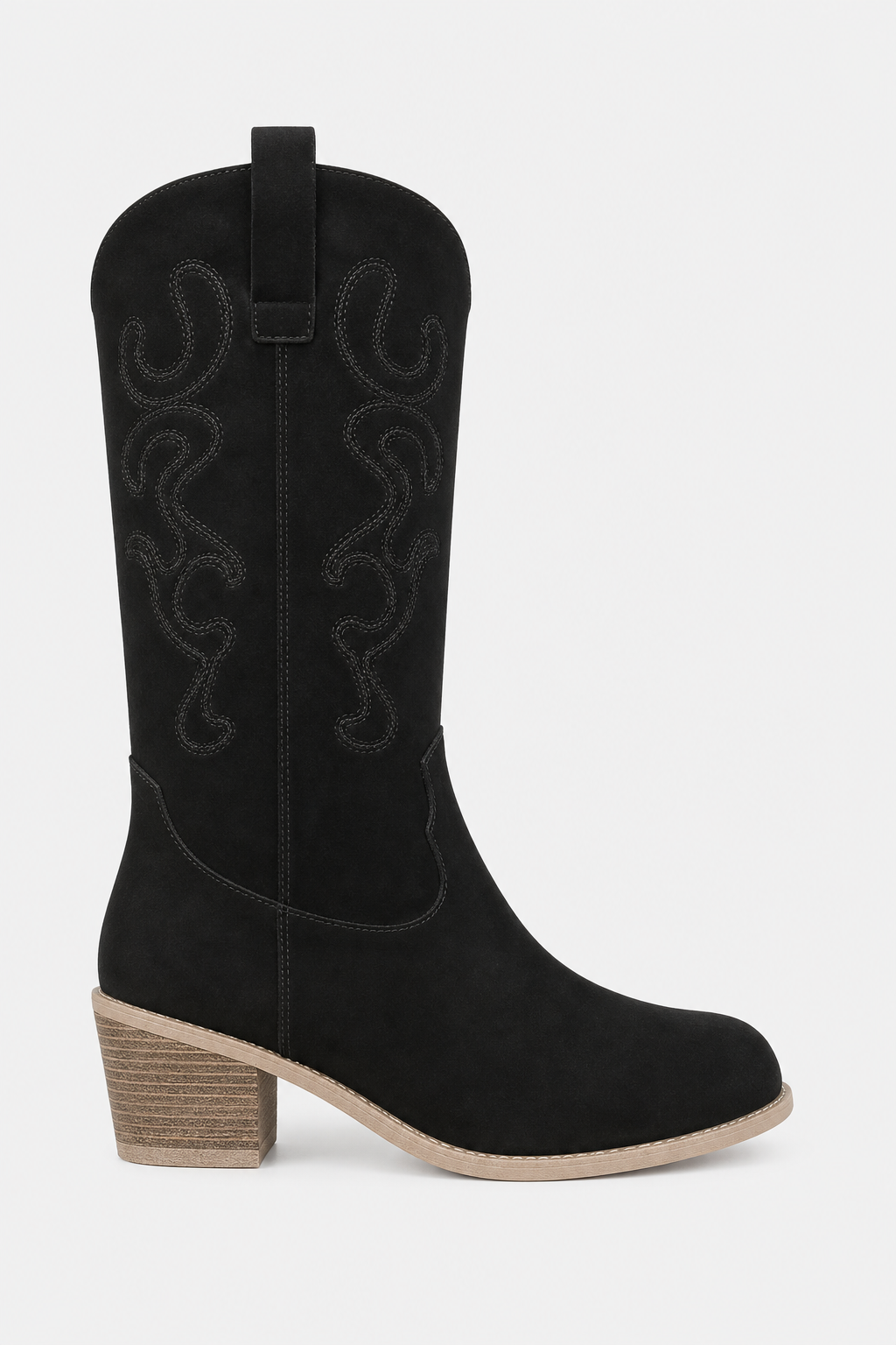 Bottes Santiags en Effet Daim Noir Brodées à Talon Carré