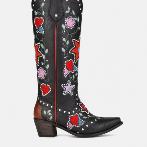 Bottes Santiags Noires à Broderies Étoiles et Fleurs