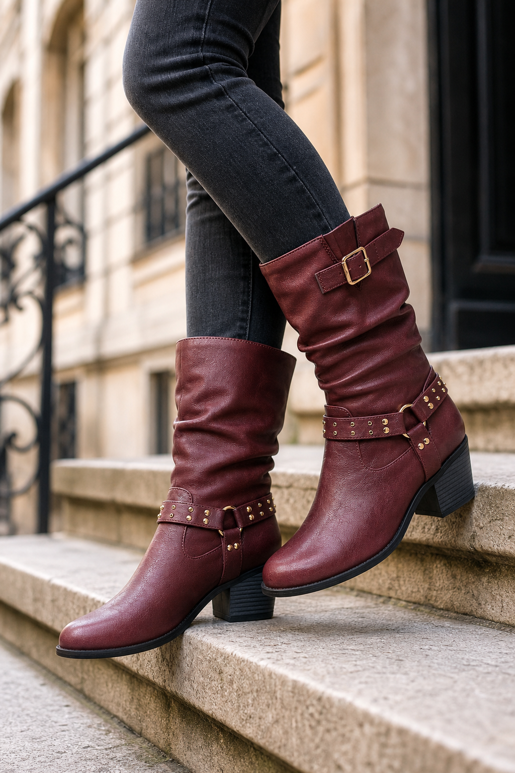 Bottes en Similicuir Bordeaux Plissées à Sangle Cloutée Mi-Mollet – Image 3