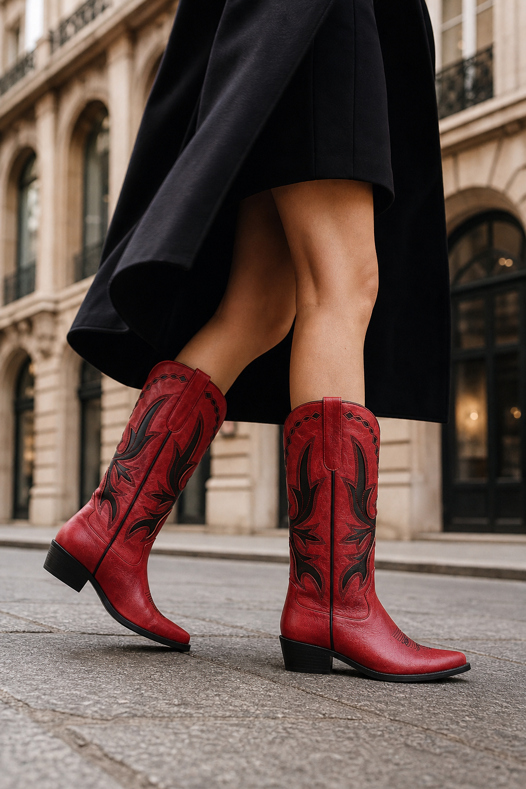 Bottes Santiags Rouges à Motifs Western Noirs – Image 3