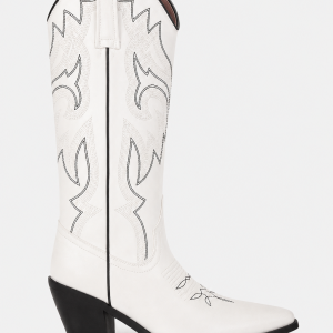 Bottes Santiags en Similicuir Blanc à Broderies Noires