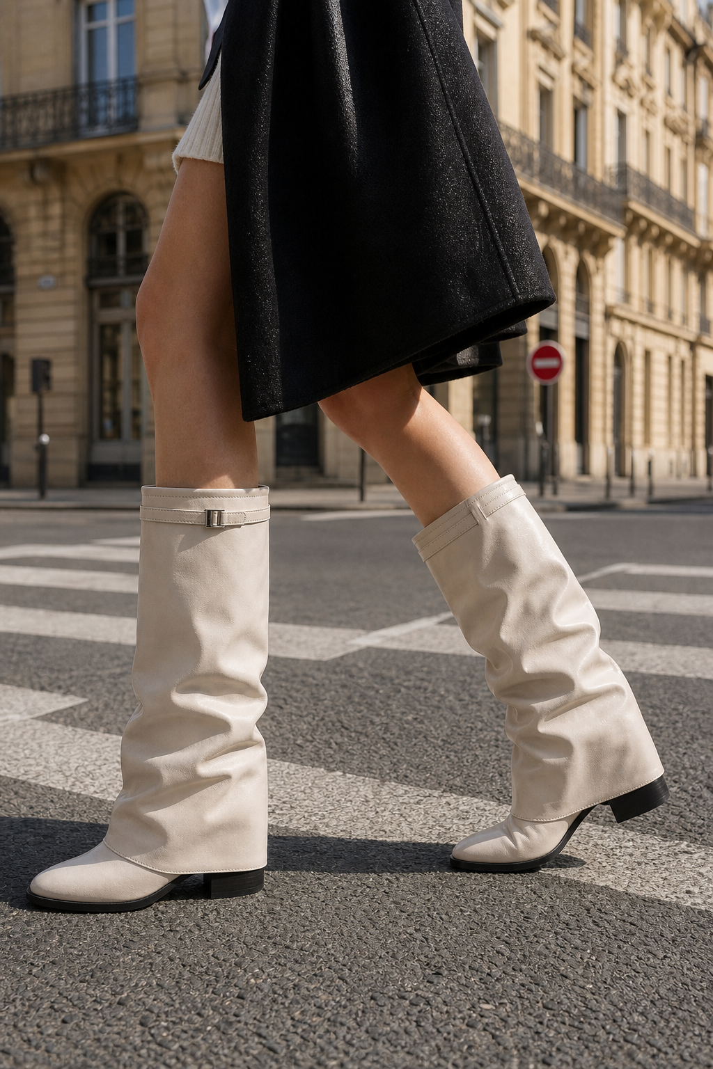 Bottes Mi-Mollet Tombantes en Similicuir Crème – Image 3