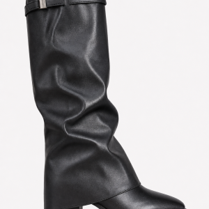 Bottes Montantes Plissées en Similicuir Noir à Boucle