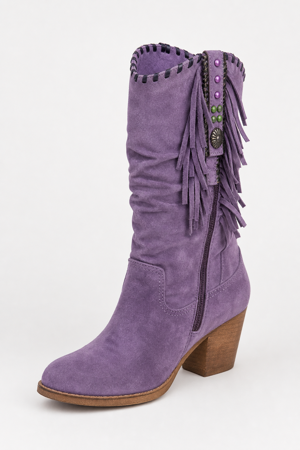 Bottes Western en Effet Daim Violet à Franges Mi-Mollet – Image 5