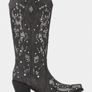 Bottes Santiags Grises en Effet Daim à Motifs Brodés et Strass