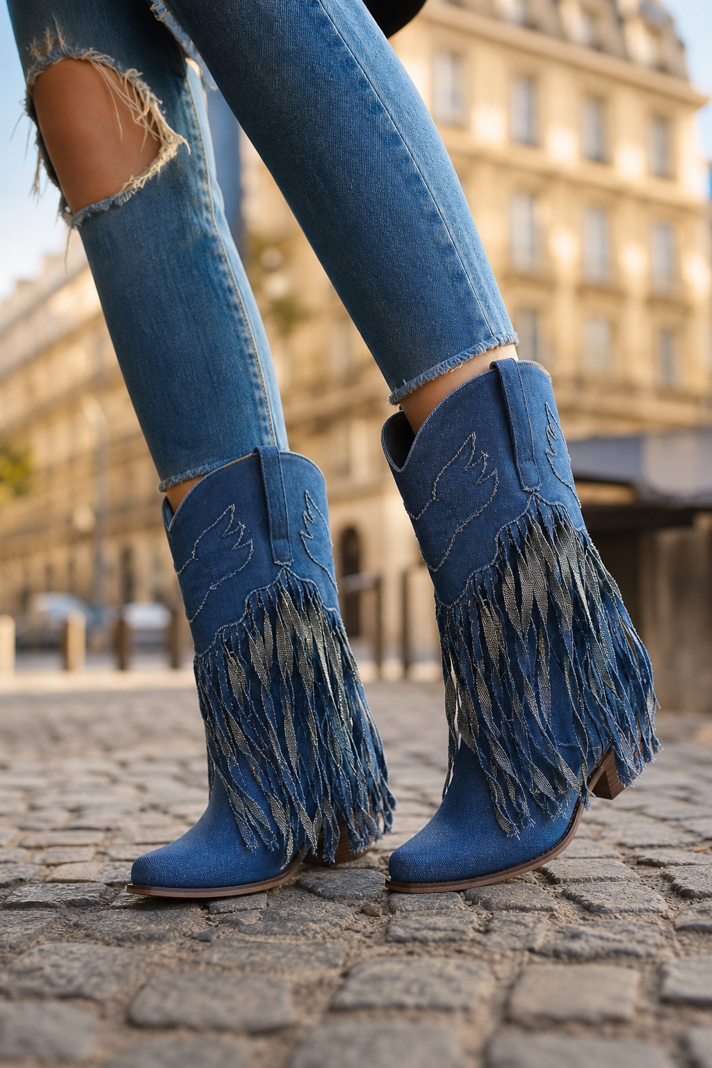 Bottes Country en Denim Bleu à Ailes Brodées et Franges – Image 3