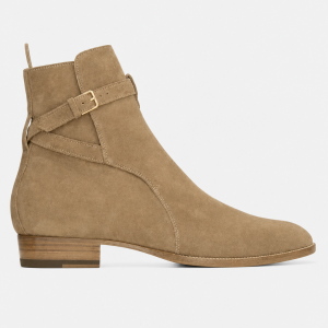 Bottine en Daim Taupe à Bride Bouclée