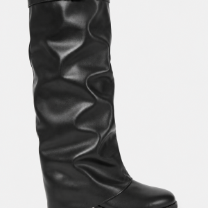 Bottines Plissées en Similicuir Noir à Bout Pointu
