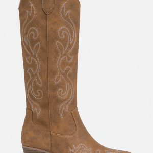 Bottes Santiags Marron en Similicuir à Broderies Blanches