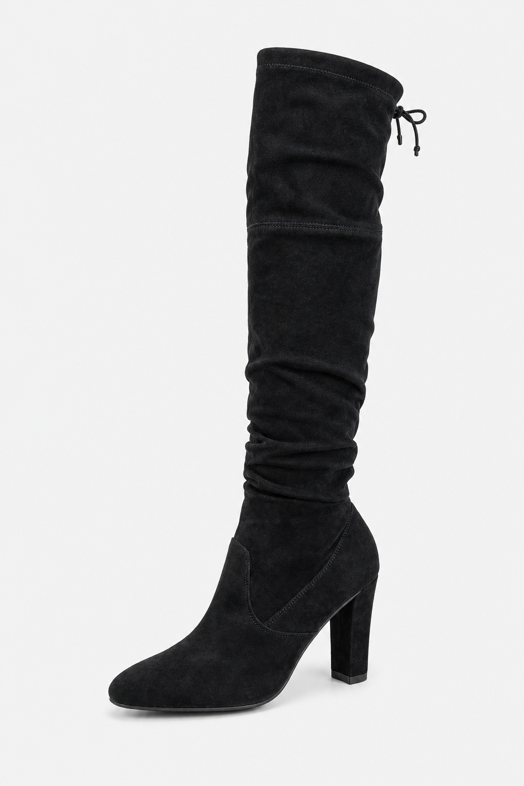 Bottes Cuissardes Noires en Effet Daim Plissées à Talon Bloc – Image 5