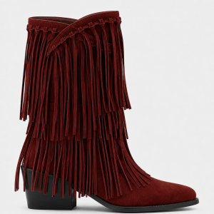 Bottes Mi-Mollet en Suédine Bordeaux à Franges