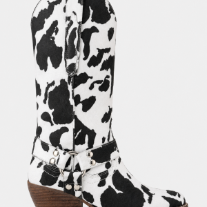 Bottes Santiags Mi-Mollet à Imprimé Vache Noir et Blanc