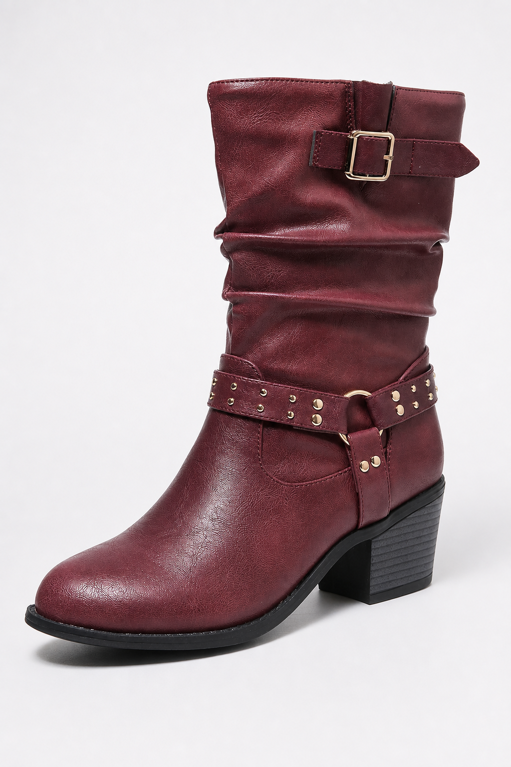 Bottes en Similicuir Bordeaux Plissées à Sangle Cloutée Mi-Mollet – Image 5