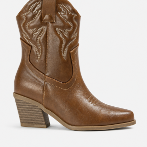 Bottes Santiags en Similicuir Marron Caramel à Broderies