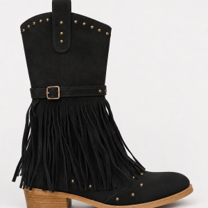 Bottes Western Noires en Effet Daim à Franges et Clous