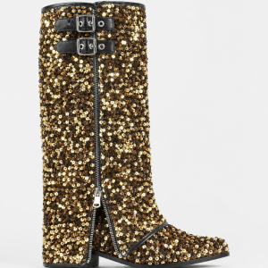 Bottes Santiags à Paillettes Dorées et Boucles Noires