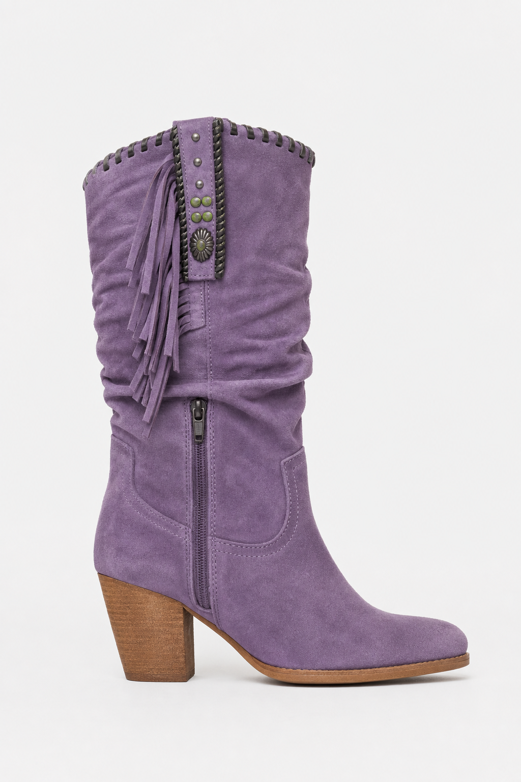 Bottes Western en Effet Daim Violet à Franges Mi-Mollet